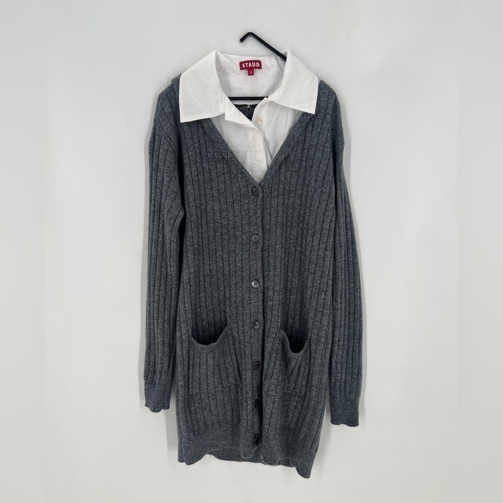 Staud Wallis Mixed Media Collar Shirt Cardigan Sweater Dress In Charcoal White